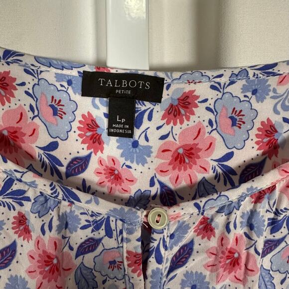 Talbots Henley Botanical Floral Popover Top Large‎ Petite Blue Pink Non-Stretch - Picture 2 of 8